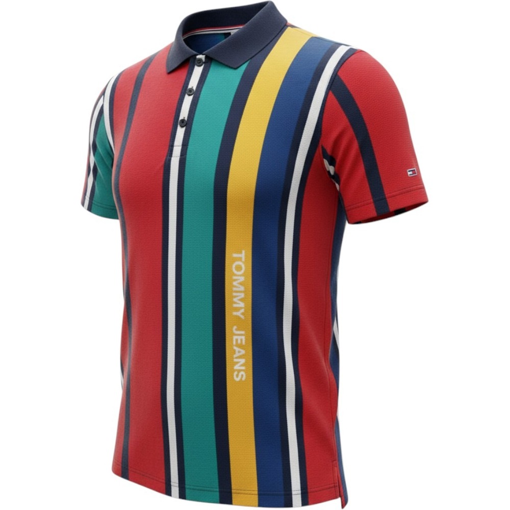 Tommy Jeans Mens Multi Color Vertical Stripe Short Sleeve Polo Shirt Small